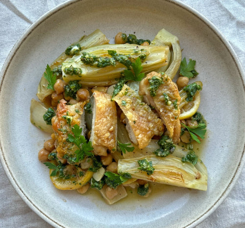 Chicken Thighs with Braised Fennel, Chickpeas & Salsa Verde