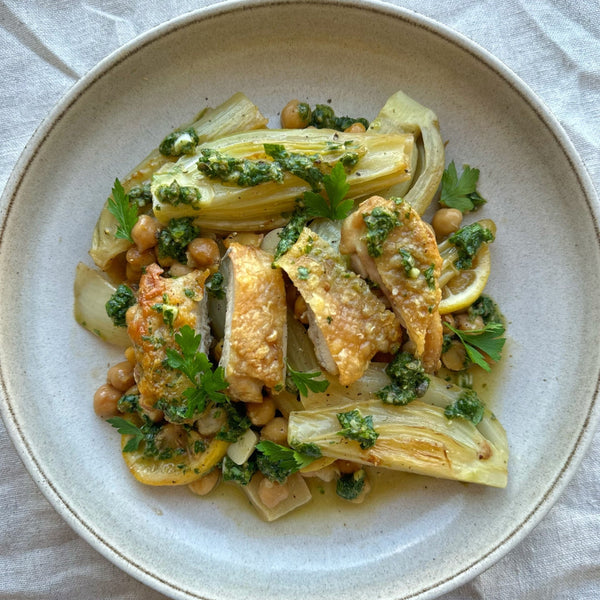 Chicken Thighs with Braised Fennel, Chickpeas & Salsa Verde